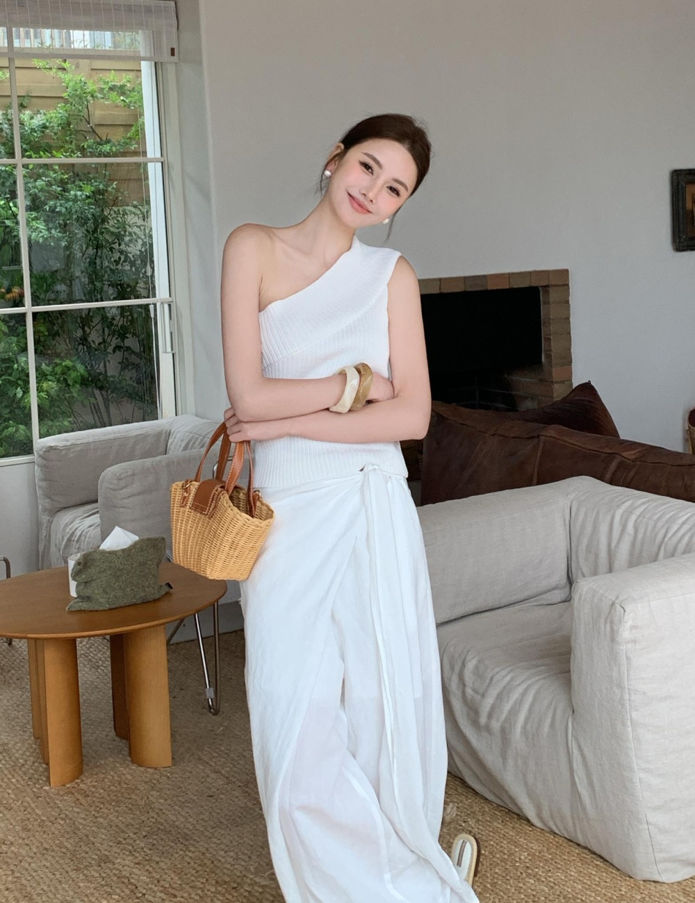 Strapless sling sloping shoulder tops