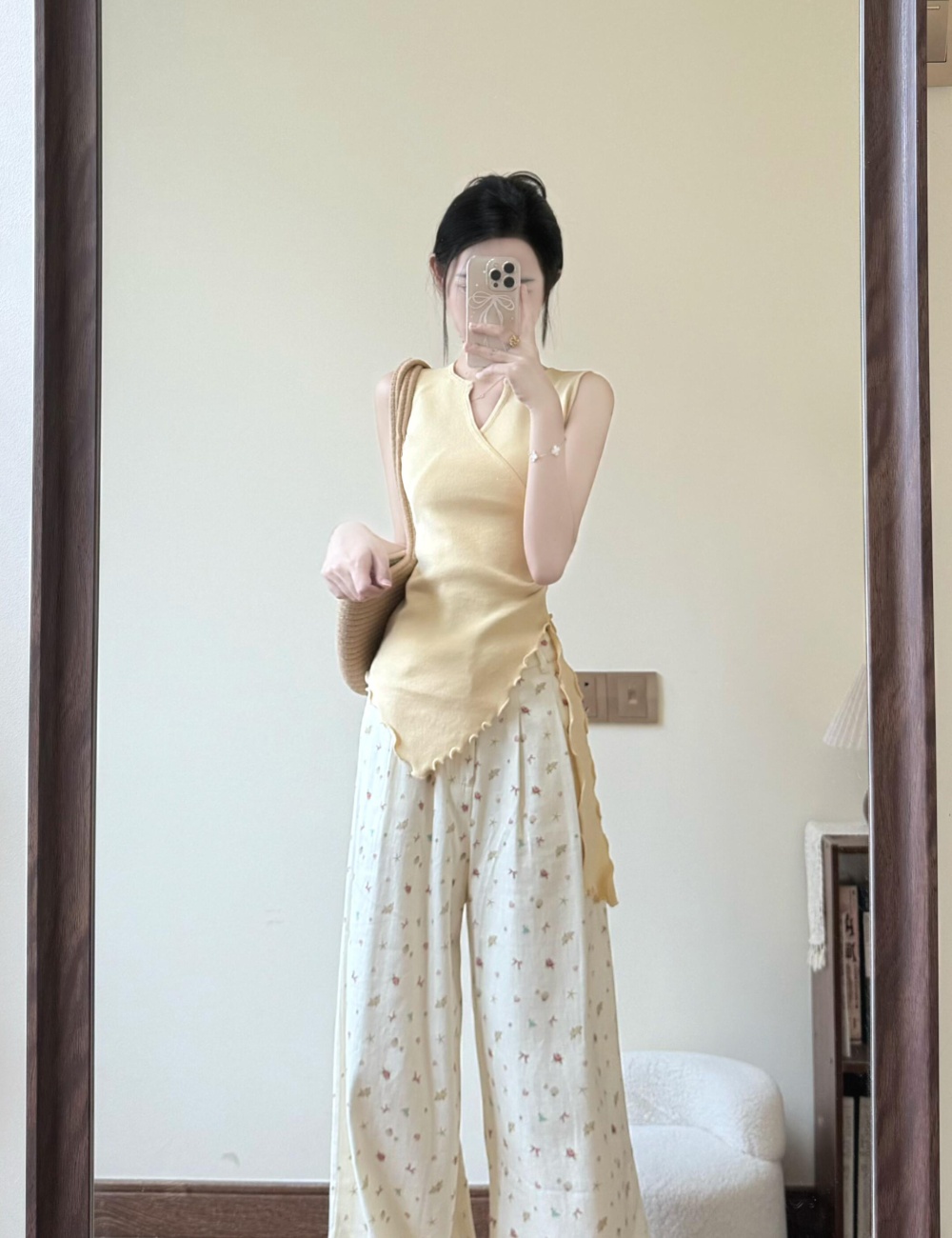 Maiden slim V-neck irregular bow knitted split tops