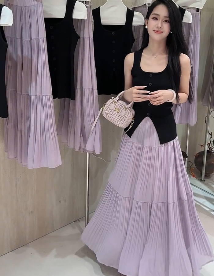 Knitted crimp skirt tender all-match vest a set
