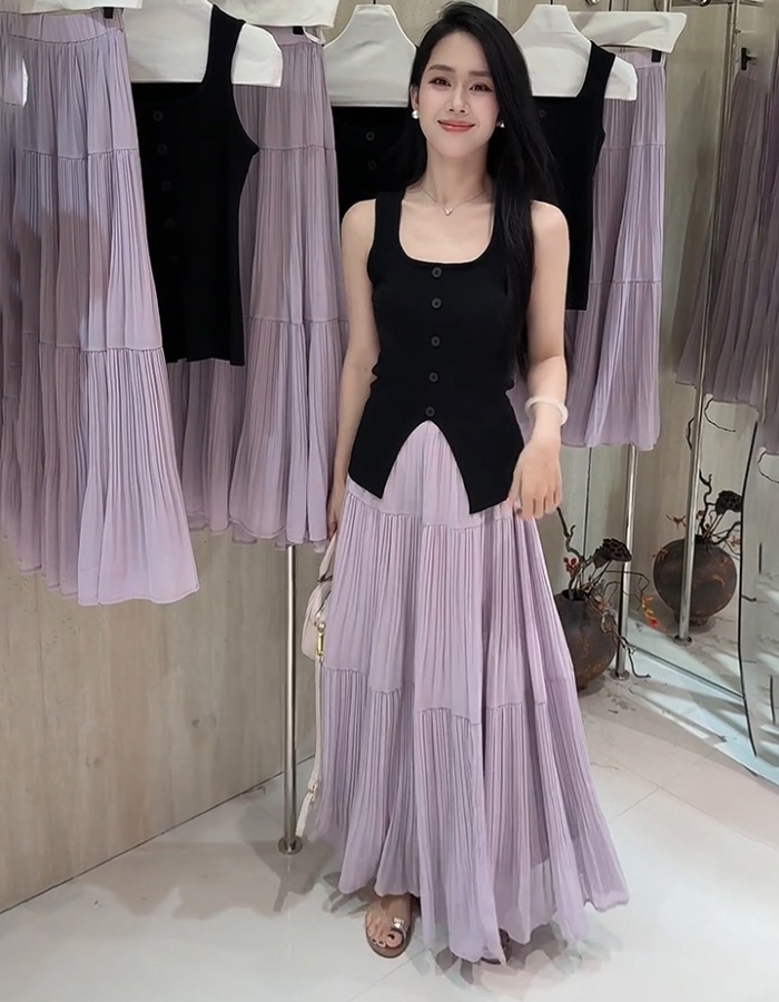 Knitted crimp skirt tender all-match vest a set