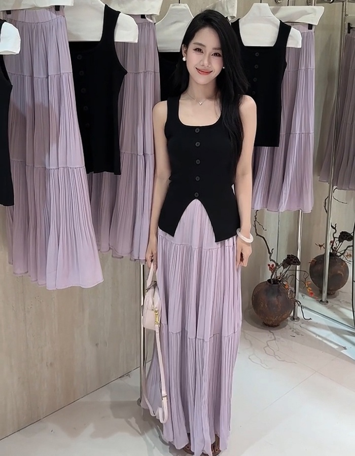 Knitted crimp skirt tender all-match vest a set