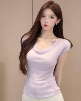 Elasticity short sleeve knitted all-match pure T-shirt