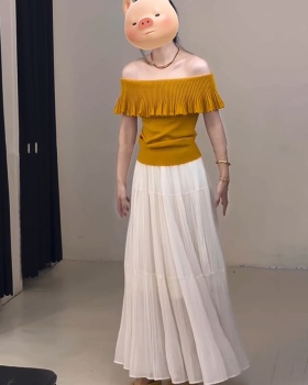Retro chiffon skirt flat shoulder splice sweater a set
