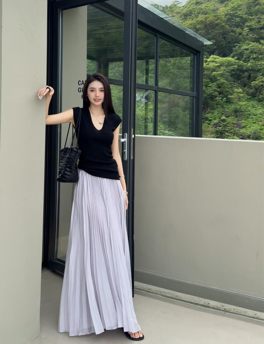 V-neck all-match tops big skirt slim sweater a set for women