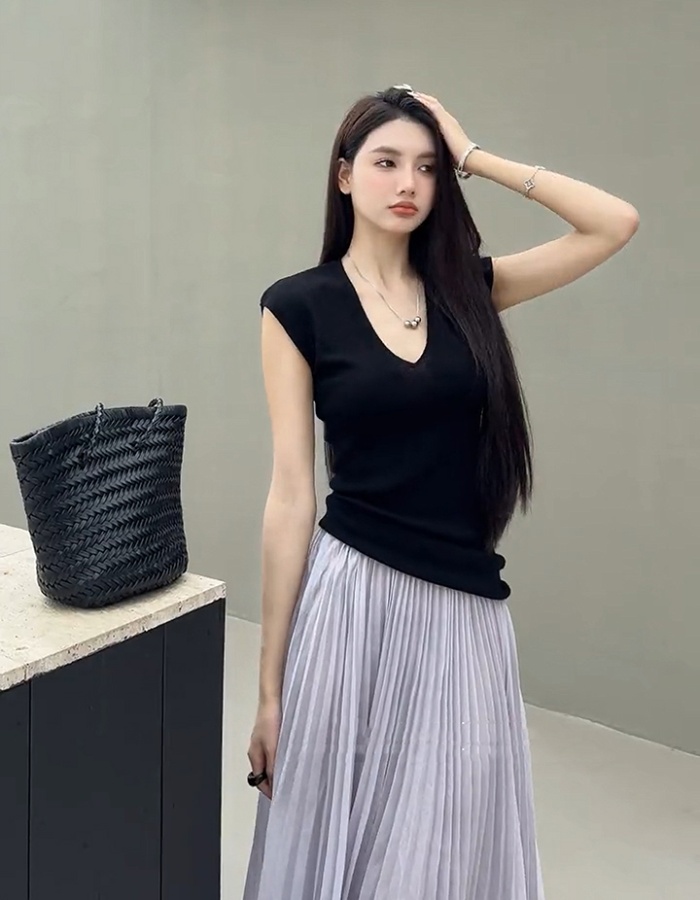 V-neck all-match tops big skirt slim sweater a set for women