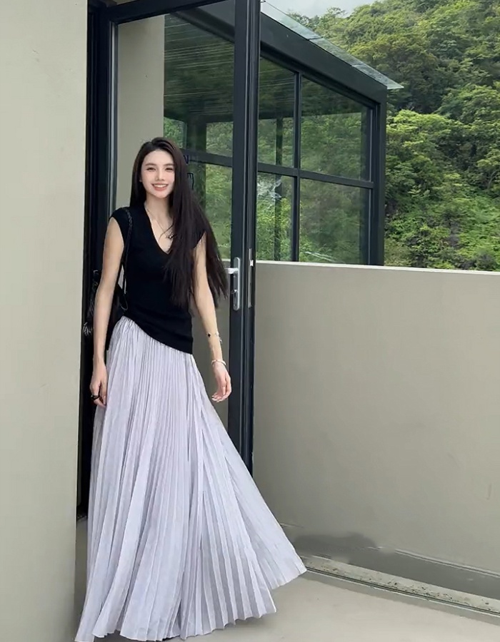 V-neck all-match tops big skirt slim sweater a set for women