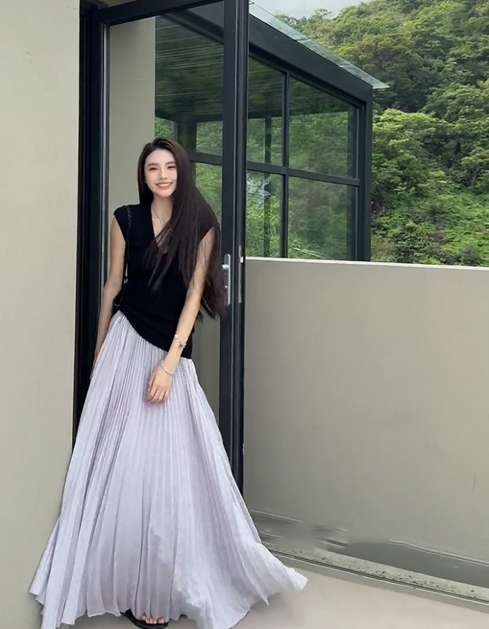 V-neck all-match tops big skirt slim sweater a set for women