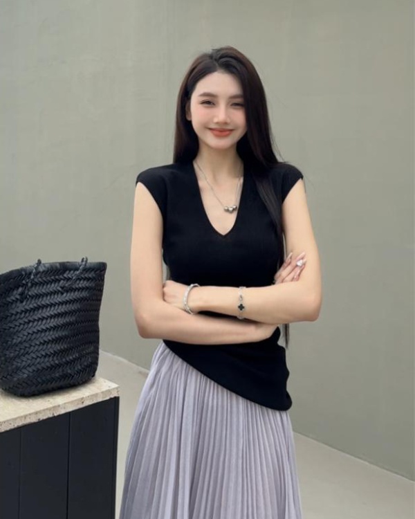 V-neck all-match tops big skirt slim sweater a set for women