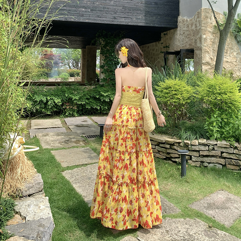 Half spicegirl long skirt sling floral tops a set