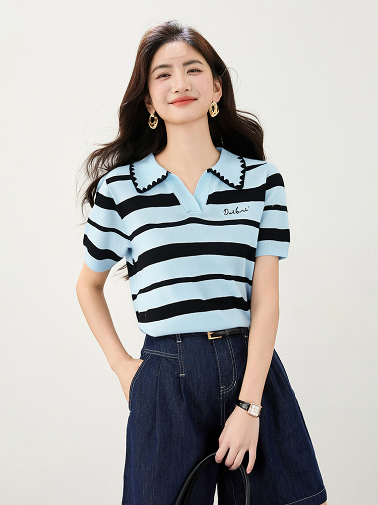 Stripe short sleeve tops summer college style sweater