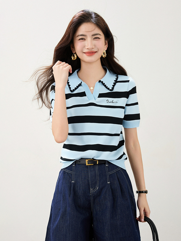 Stripe short sleeve tops summer college style sweater