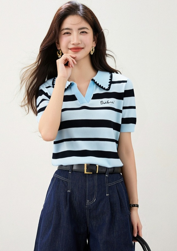 Stripe short sleeve tops summer college style sweater