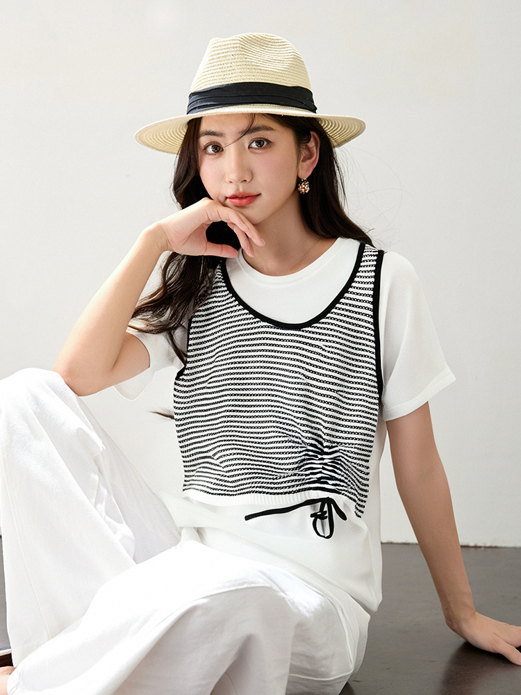 Pseudo-two short sleeve T-shirt stripe splice tops
