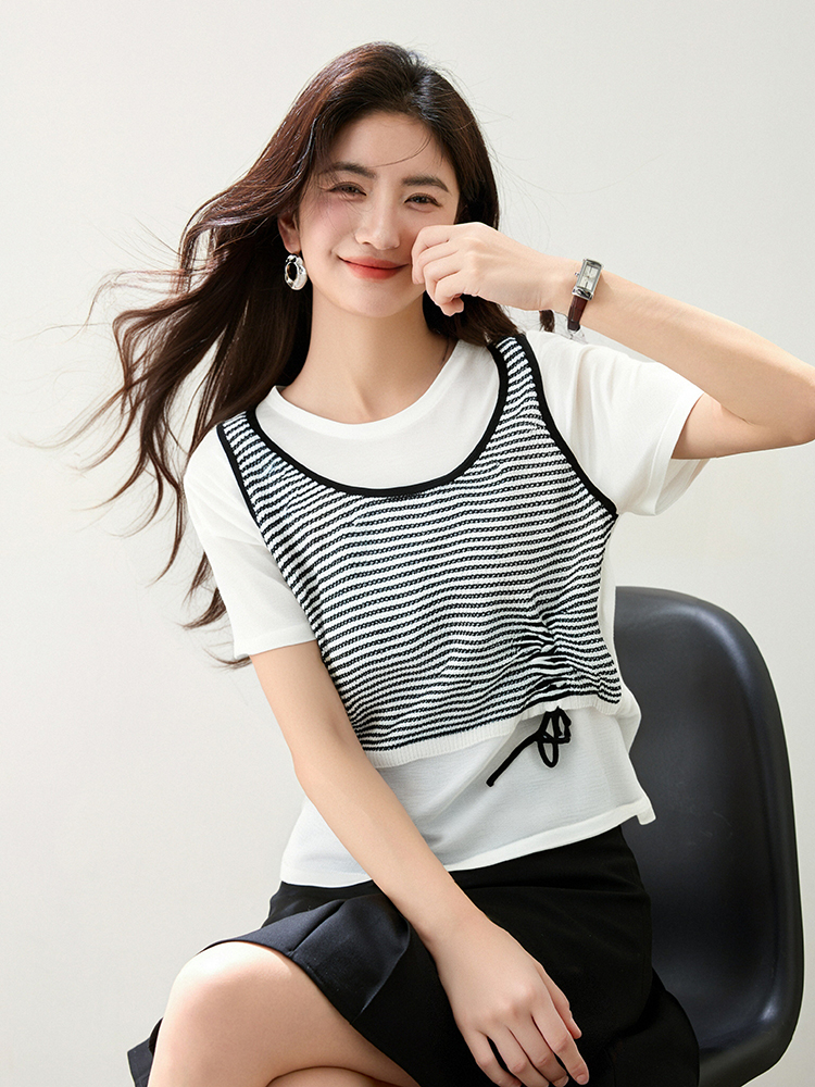Pseudo-two short sleeve T-shirt stripe splice tops