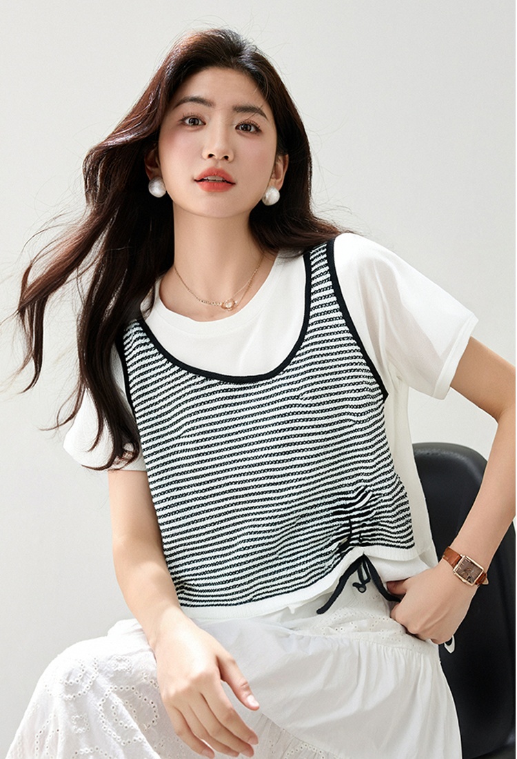 Pseudo-two short sleeve T-shirt stripe splice tops