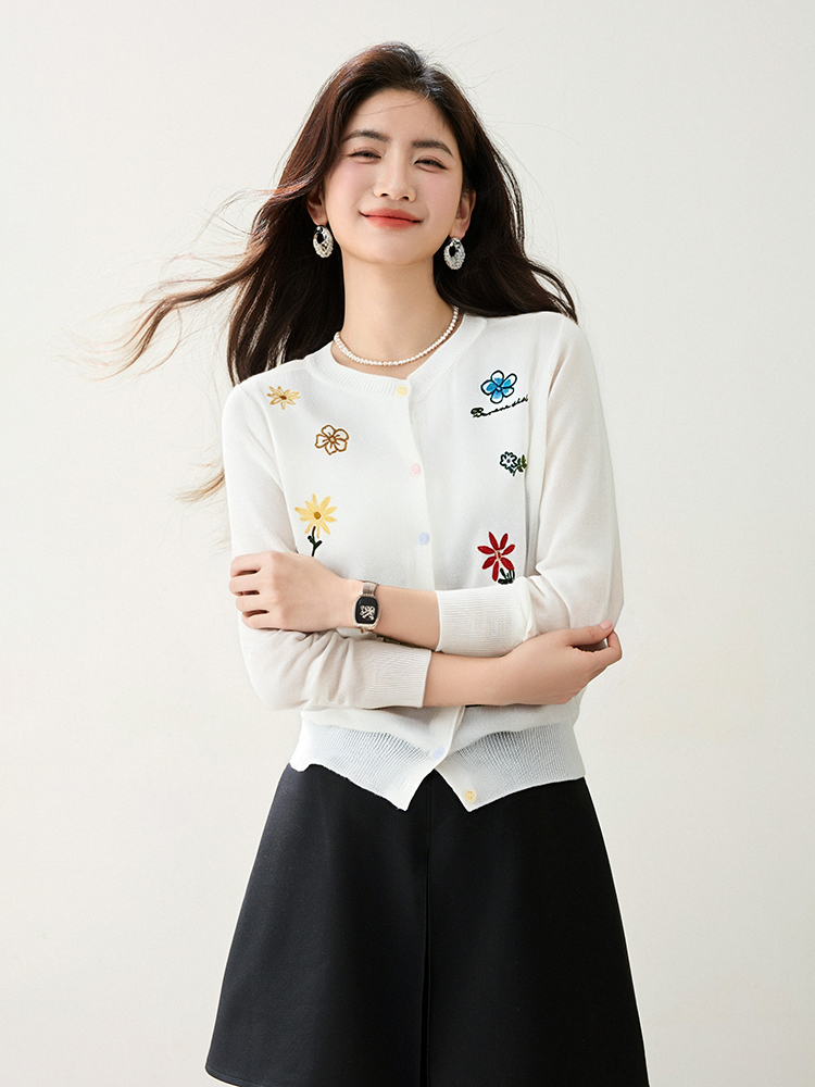 Knitted mixed colors round neck flowers summer cardigan