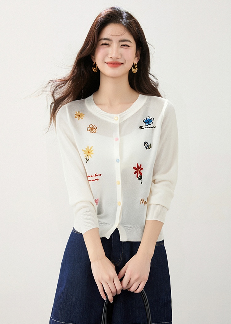 Knitted mixed colors round neck flowers summer cardigan