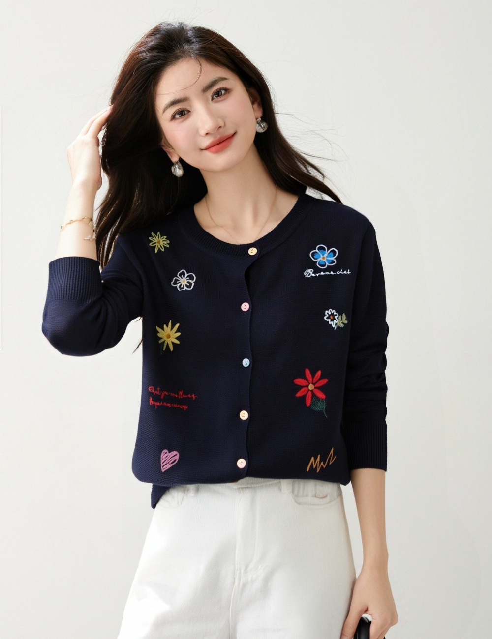 Knitted mixed colors round neck flowers summer cardigan
