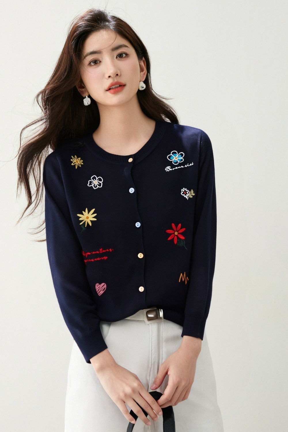 Knitted mixed colors round neck flowers summer cardigan