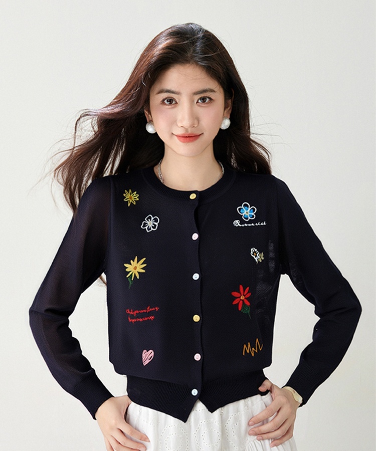 Knitted mixed colors round neck flowers summer cardigan