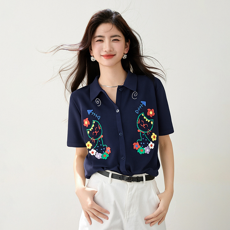 Slim embroidery shirt short sleeve tops for women