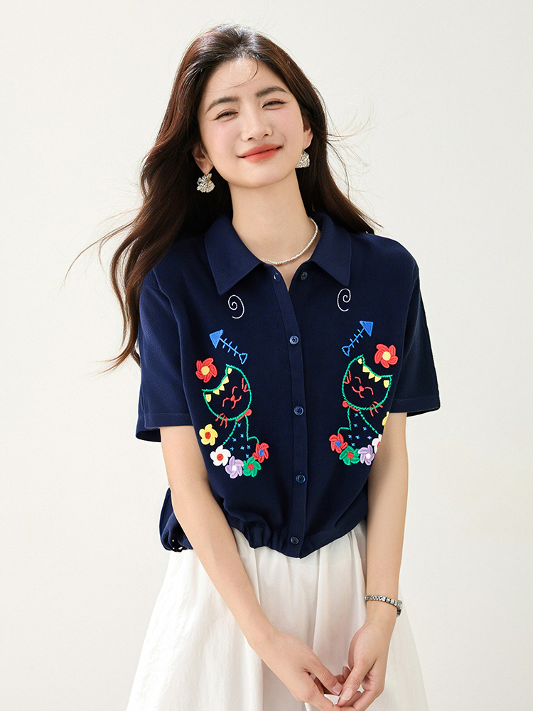 Slim embroidery shirt short sleeve tops for women