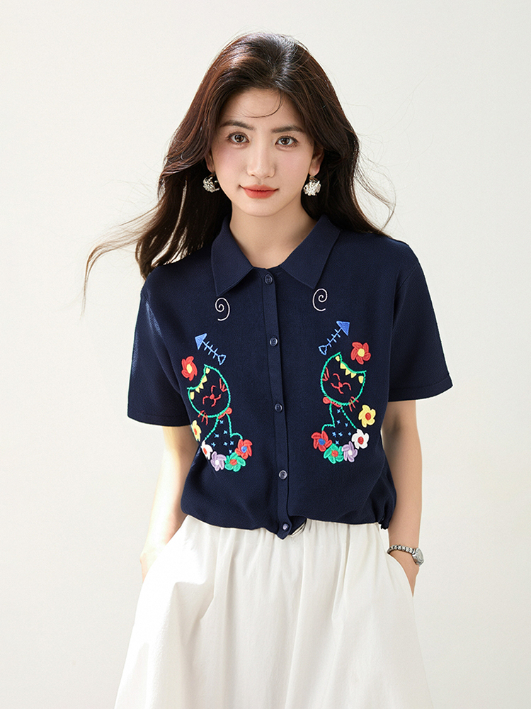 Slim embroidery shirt short sleeve tops for women