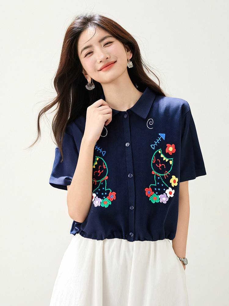 Slim embroidery shirt short sleeve tops for women