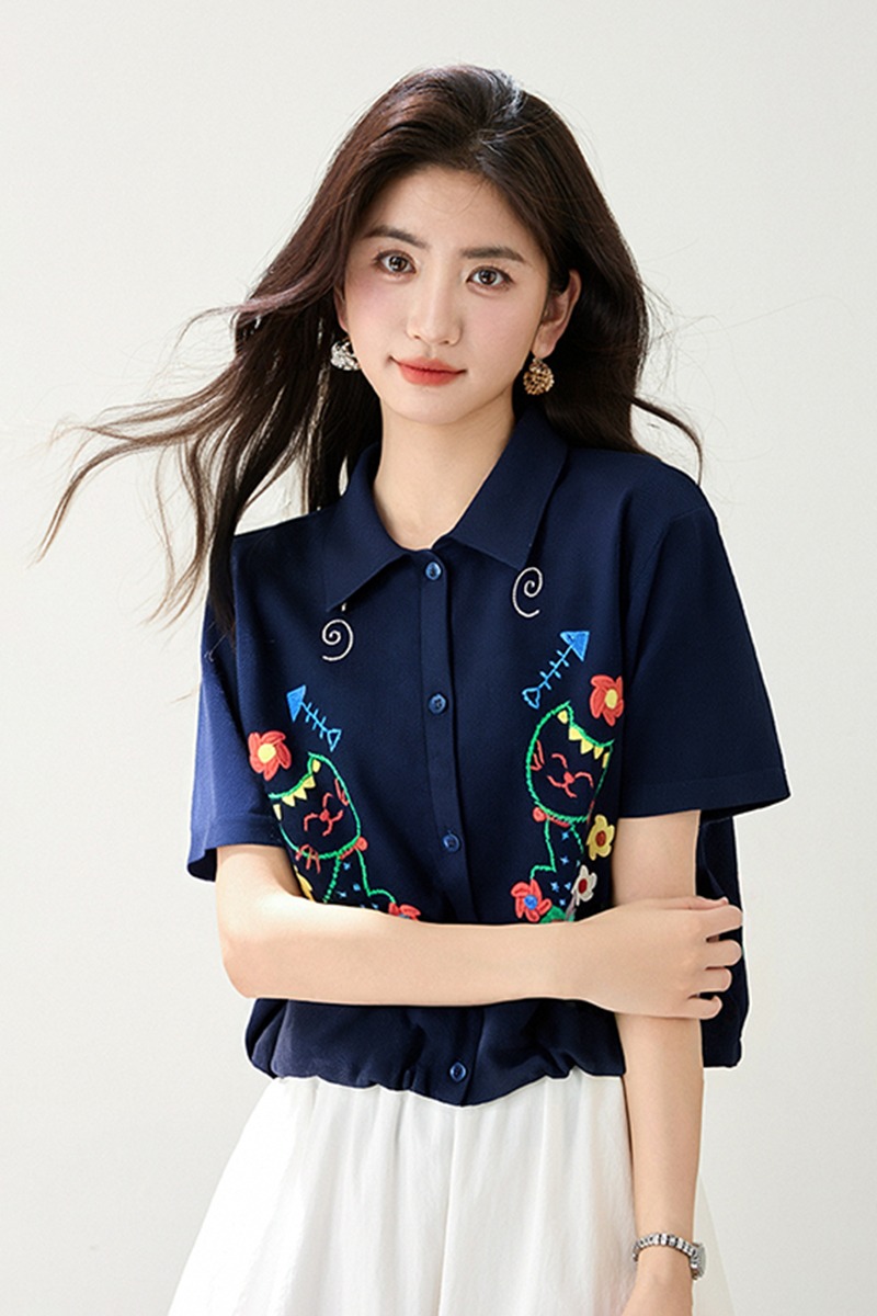 Slim embroidery shirt short sleeve tops for women