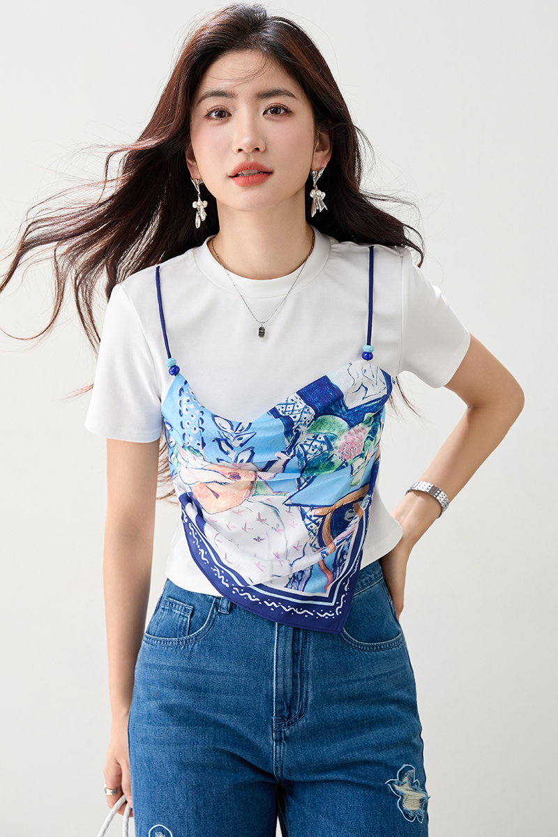 Pseudo-two irregular tops summer short sleeve T-shirt