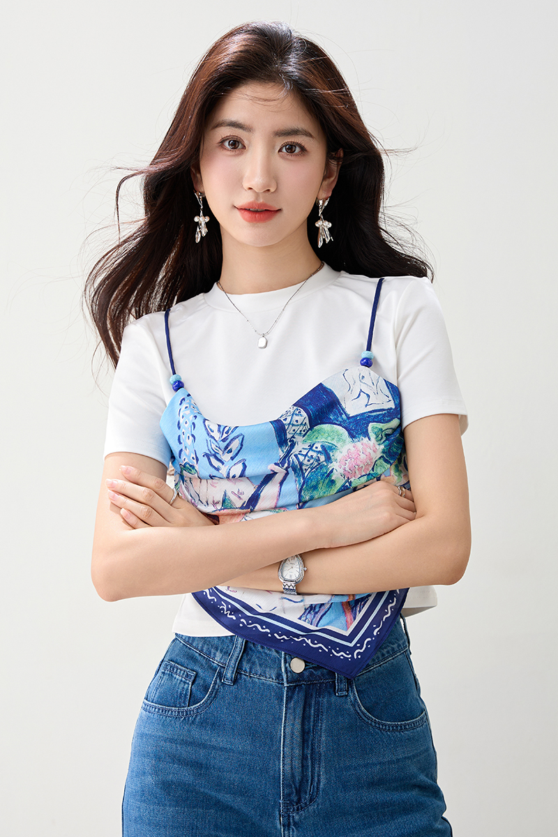 Pseudo-two irregular tops summer short sleeve T-shirt