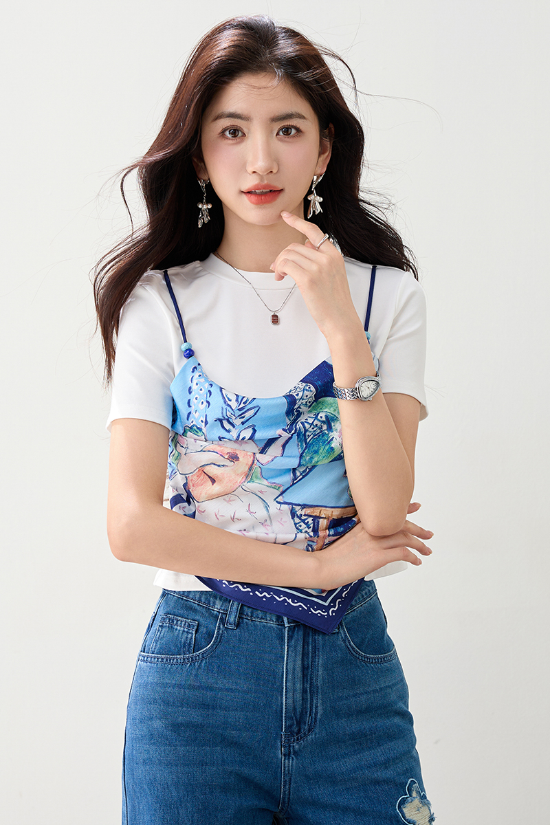 Pseudo-two irregular tops summer short sleeve T-shirt