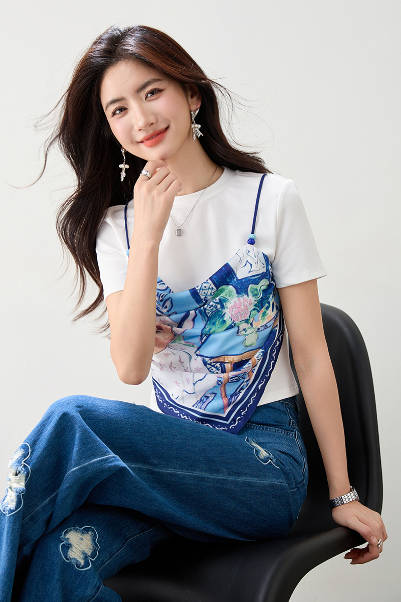 Pseudo-two irregular tops summer short sleeve T-shirt