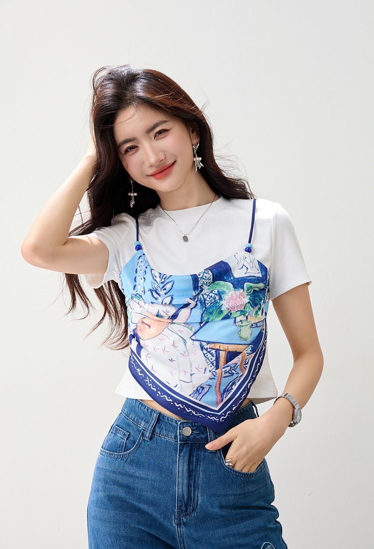 Pseudo-two irregular tops summer short sleeve T-shirt