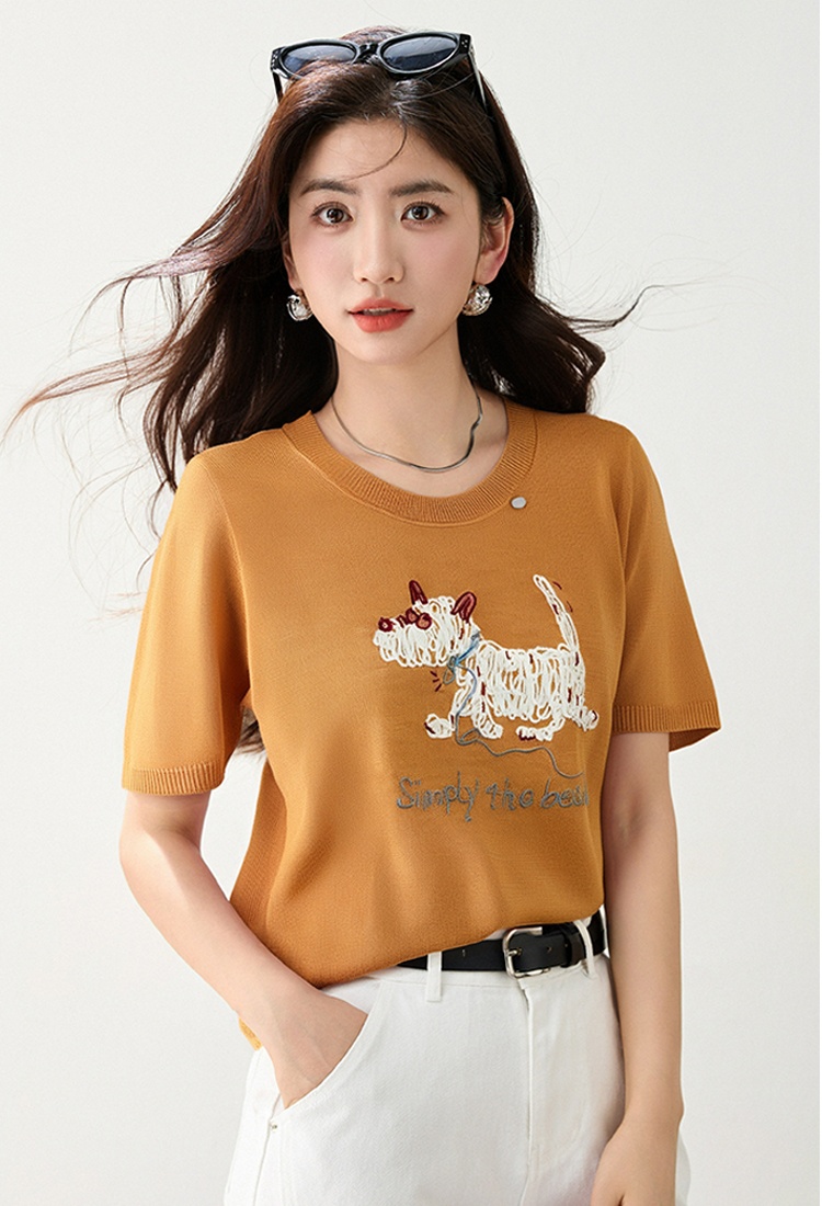 Embroidery ice silk T-shirt knitted slim tops for women