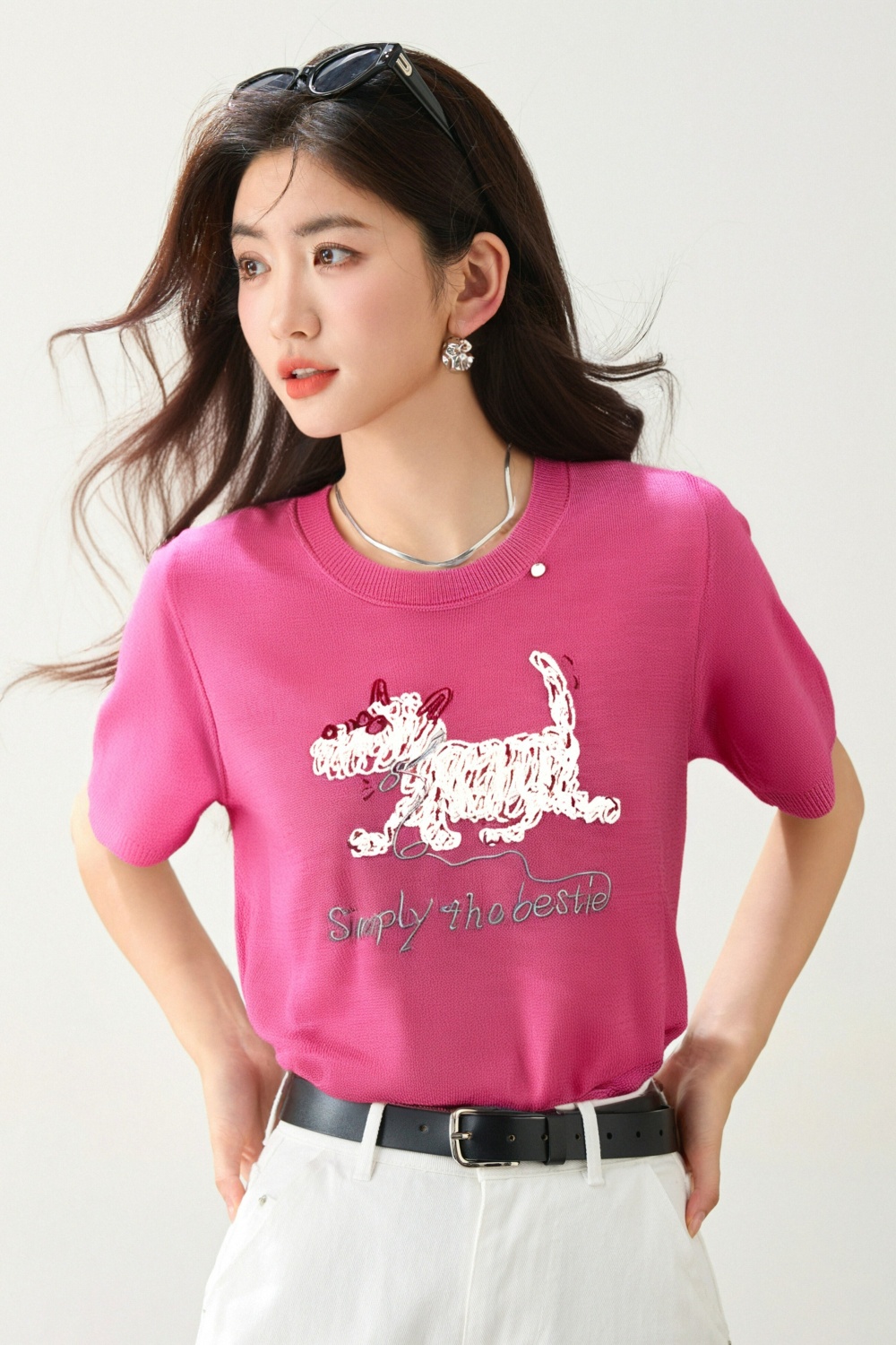 Embroidery ice silk T-shirt knitted slim tops for women