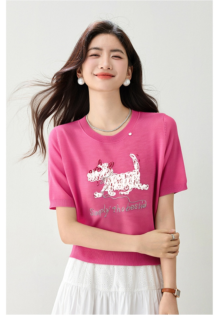 Embroidery ice silk T-shirt knitted slim tops for women