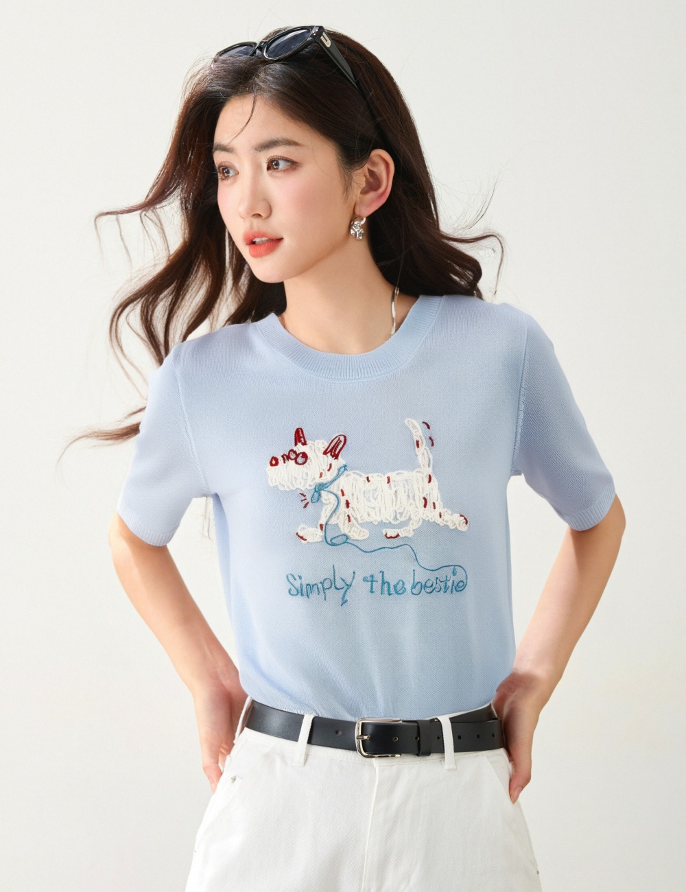 Embroidery ice silk T-shirt knitted slim tops for women