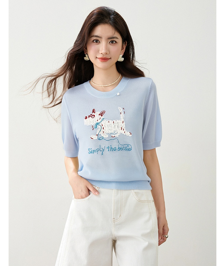 Embroidery ice silk T-shirt knitted slim tops for women