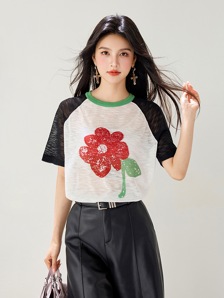 Short sleeve printing tops raglan T-shirt for women