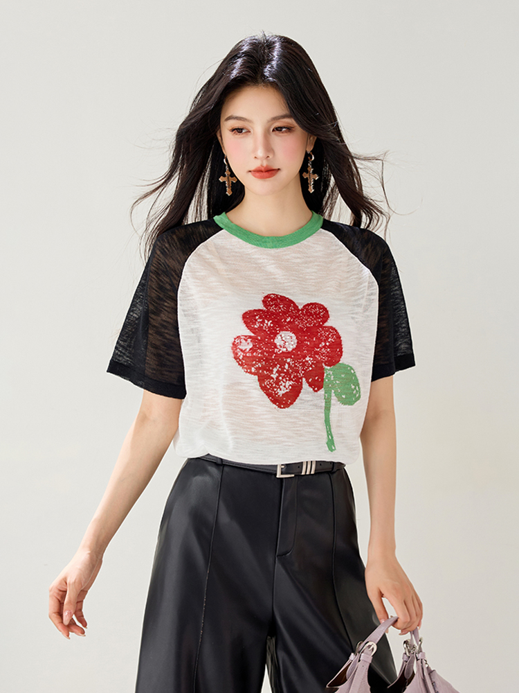 Short sleeve printing tops raglan T-shirt for women