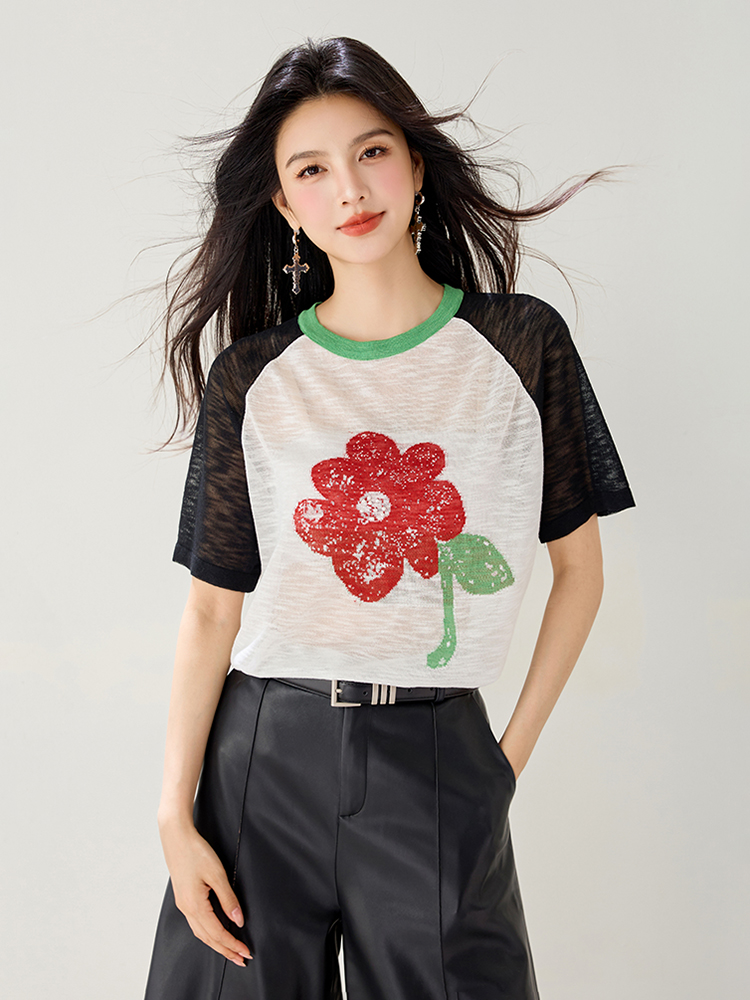 Short sleeve printing tops raglan T-shirt for women