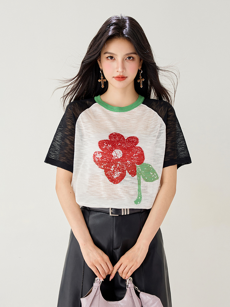 Short sleeve printing tops raglan T-shirt for women