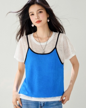 Pseudo-two knitted T-shirt short sleeve Korean style vest