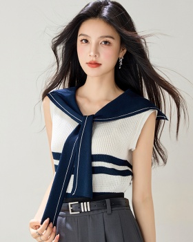 Stripe slim vest navy collar summer tops for women