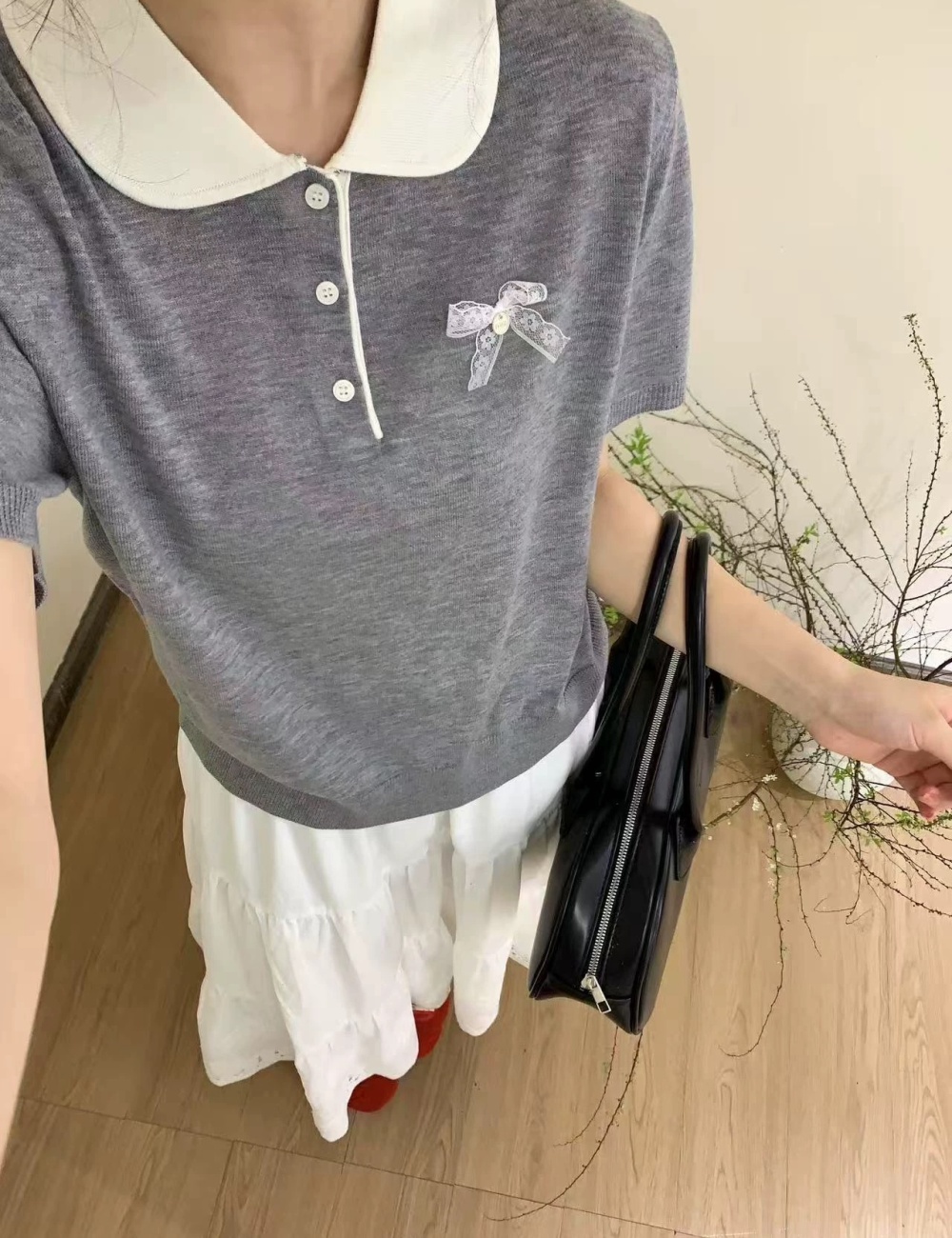 Short sleeve lapel tops mixed colors all-match sweater
