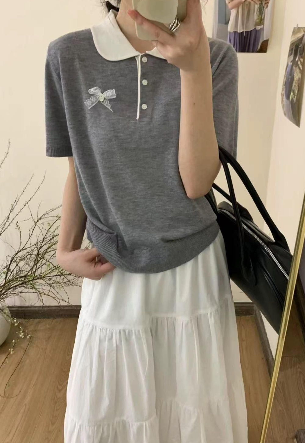 Short sleeve lapel tops mixed colors all-match sweater