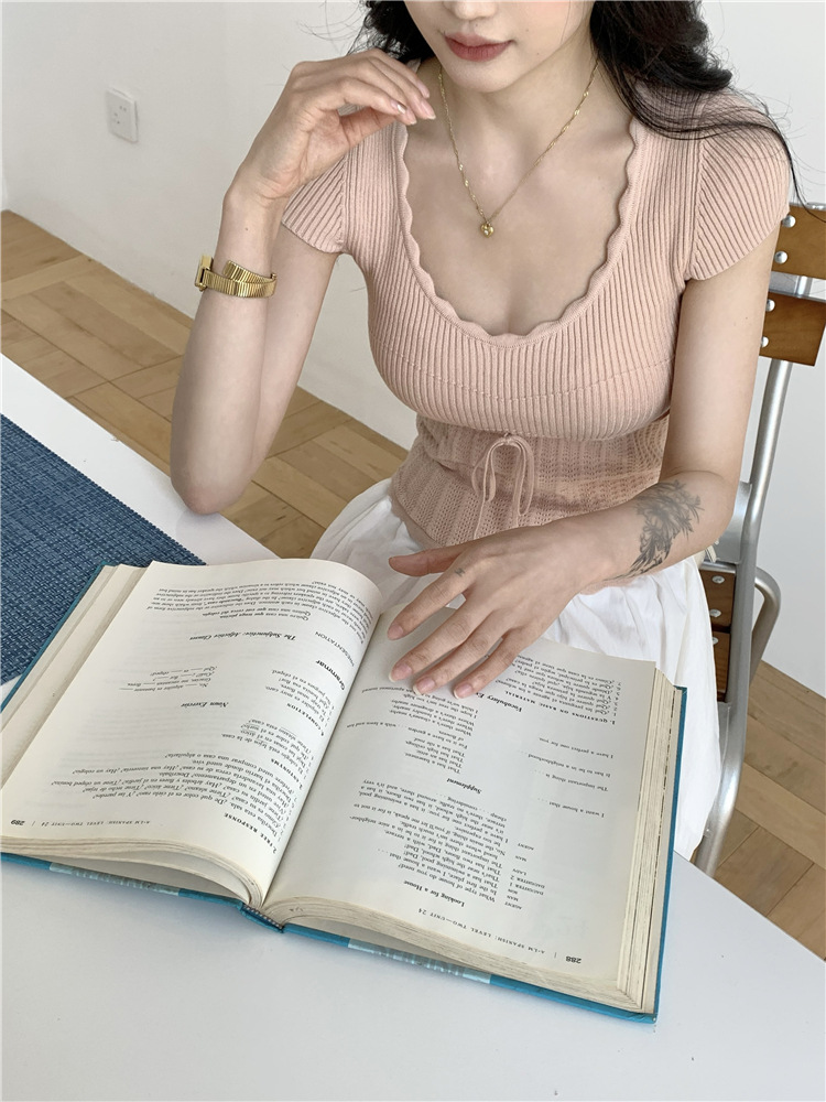 Ballet U-neck sweater sweetheart lace tops for women