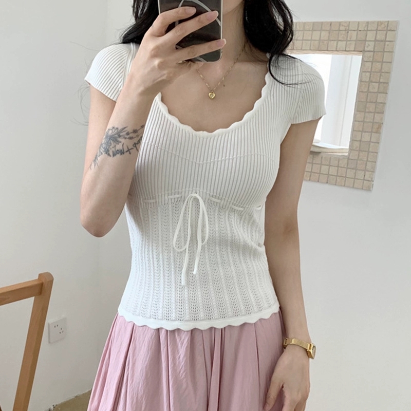 Ballet U-neck sweater sweetheart lace tops for women