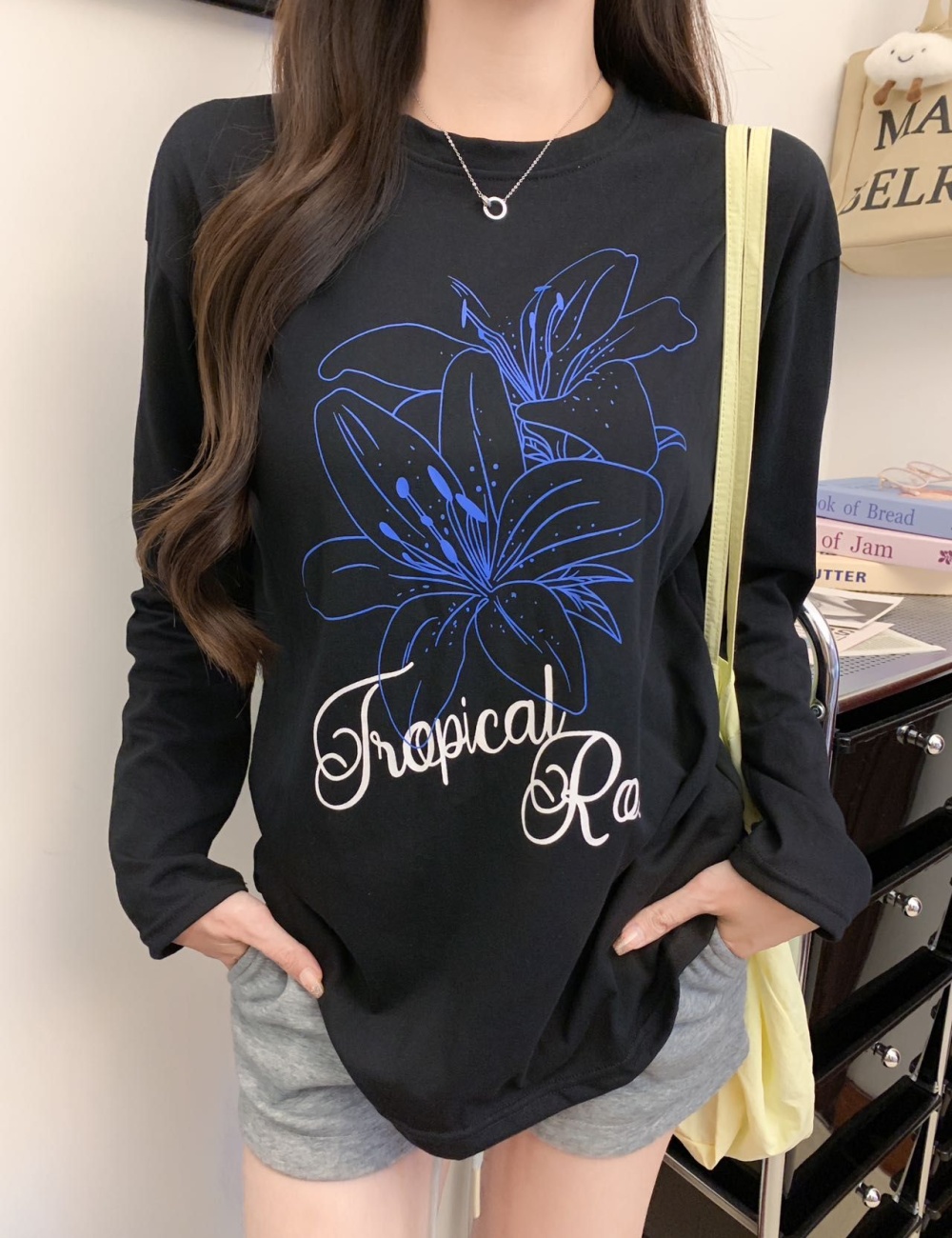 Lazy flowers tops all-match letters smock for women
